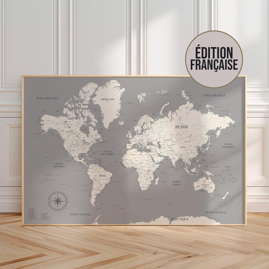 Affiche carte du monde détaillée – Poster grand format fond gris souris ...