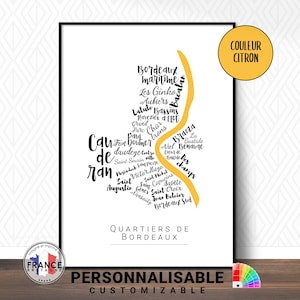 Affiche de Bordeaux, Carte des quartiers de Bordeaux personnalisable, Cadeau déco personnalisé et original, Cadeau retraite