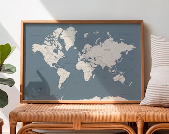 Blue and beige world map, Detailed world map with country, city and river names, Educational world map, Housewarming gift idea