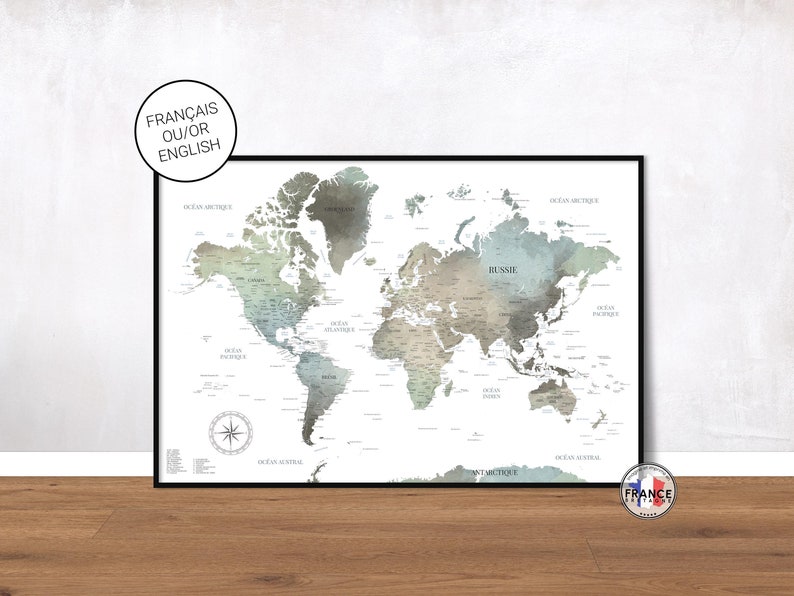 Carte du monde murale aux couleurs minérales