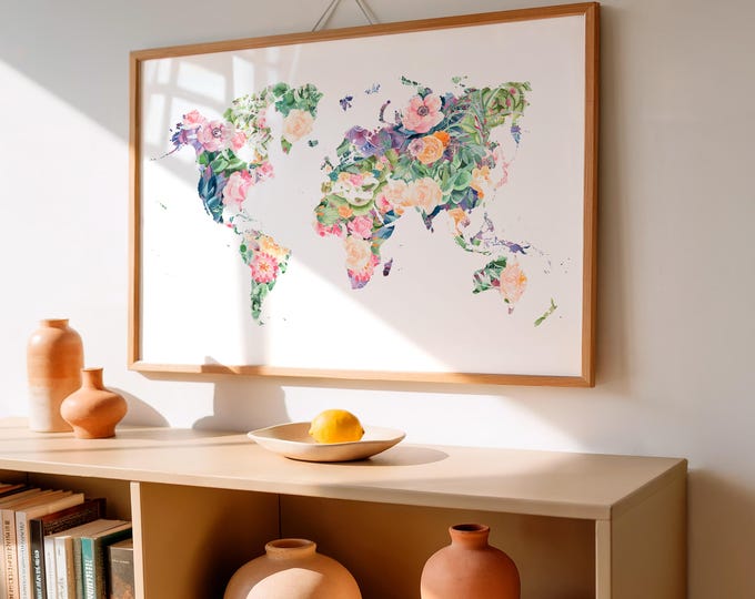 World Map Art Print, Floral World Map Art Print, Office Wall Art ...