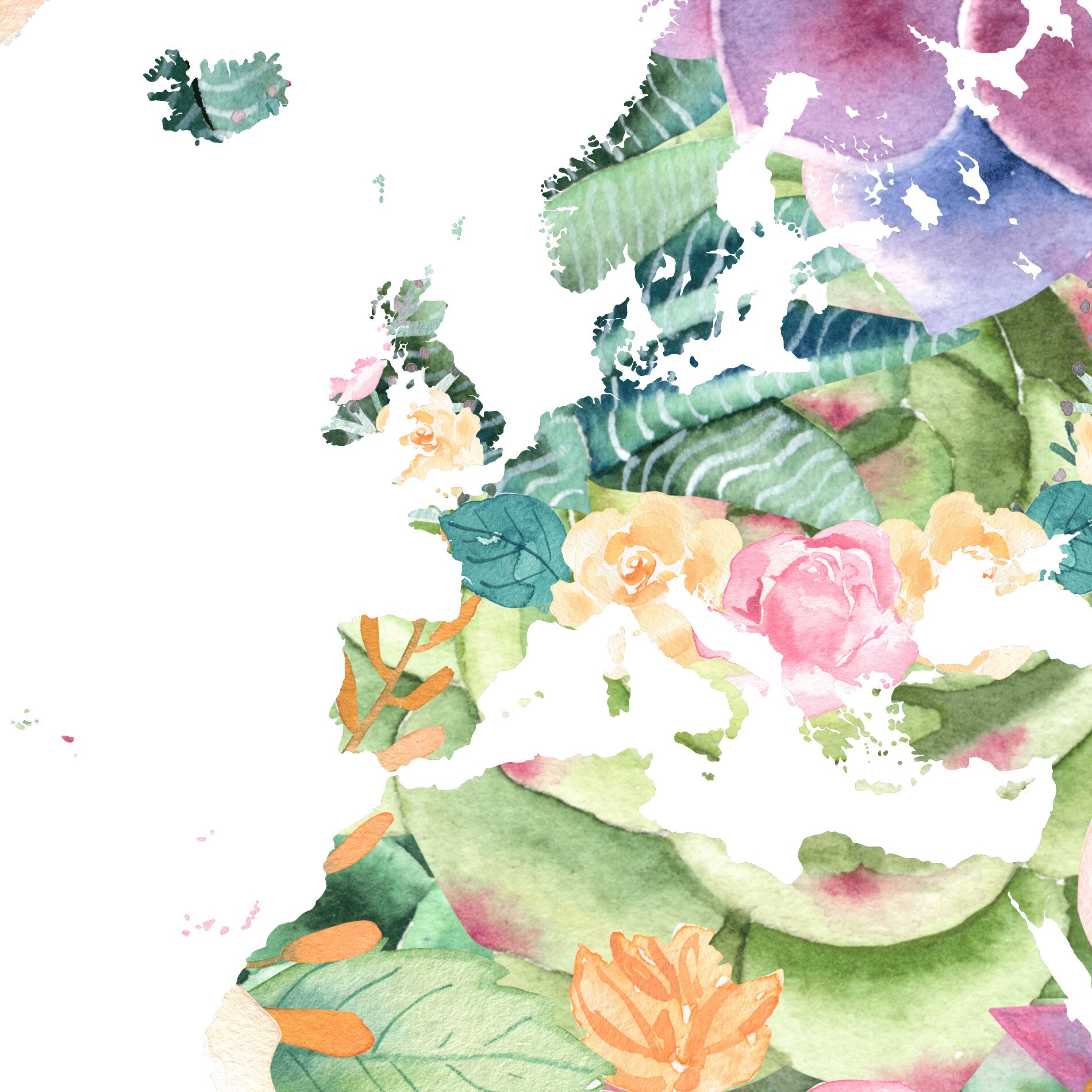 Boho Watercolor World Map Print – Floral Silhouette Illustration for ...