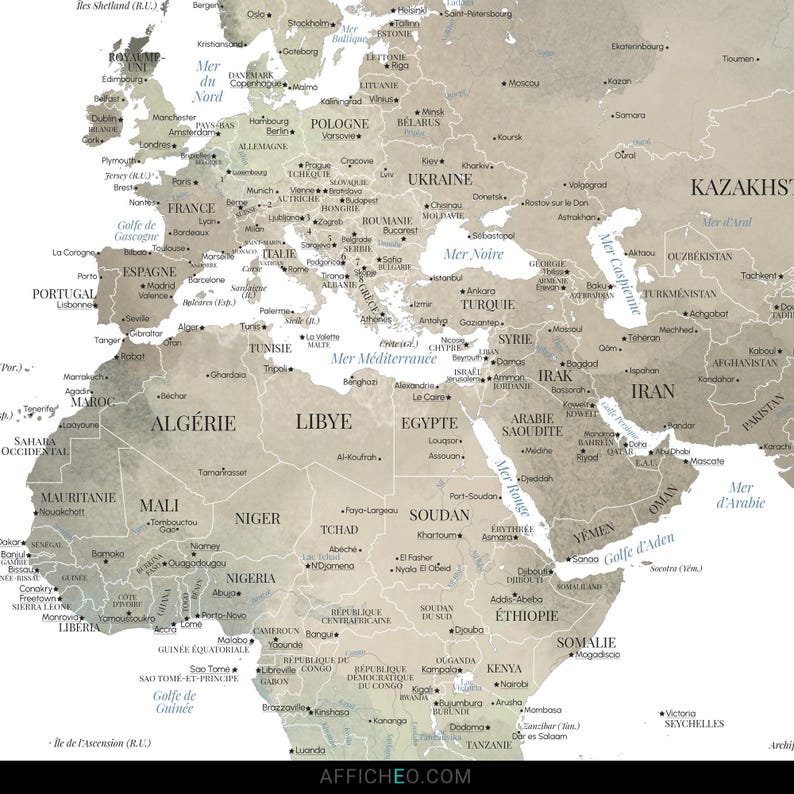 Zoom sur la Carte du monde murale aux couleurs minérales