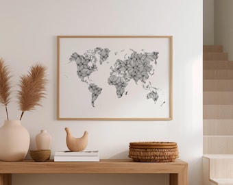 Carte du monde noir et blanc à imprimer, Carte du monde murale abstrait, Poster à télécharger, Mappemonde décorative, Affiche abstraite