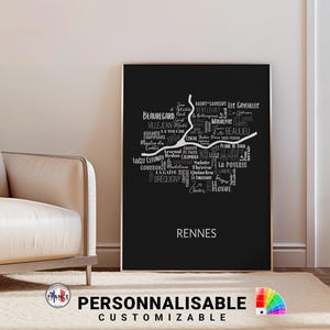 Affiche Rennes, 12 couleurs au choix, Carte de Rennes et ses quartiers, Carte Rennes France, Affiche France, Cadeau déco personnalisé