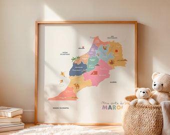 Colorful Morocco Map – Educational Poster for Kids – Estella Collection – French Language Geography Print