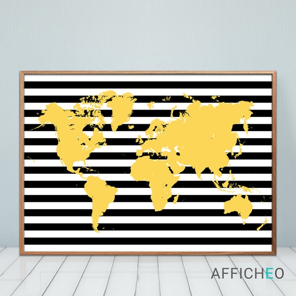 Carte du monde jaune avec rayures noires et blanches, Mappemonde murale originale et graphique