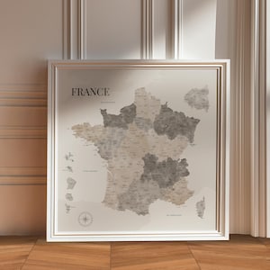 Beige watercolor Map of France, Map of regions of France, Detailed decorative poster, Original gift idea