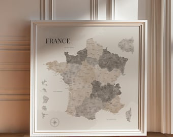 Beige watercolor Map of France, Map of regions of France, Detailed decorative poster, Original gift idea