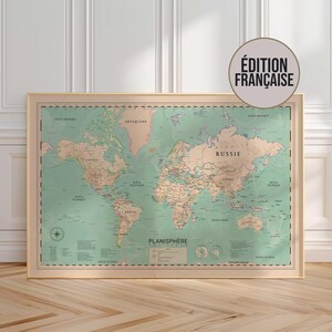 Modern educational world map – detailed political wall poster with reliefs, borders, time zones and world wonders – geography print