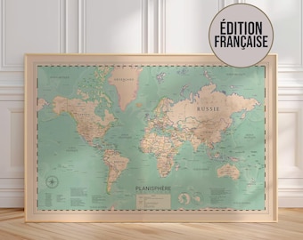 Modern educational world map – detailed political wall poster with reliefs, borders, time zones and world wonders – geography print