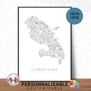 Affiche La Martinique, Carte des villes et villages de la Martinique avec les noms, Affiche personnalisable, Cadeau déco personnalisé