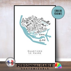 Affiche du Havre personnalisable, Carte des quartiers du Havre, Poster personnalisé Le Havre, Affiche originale, Cadeau déco personnalisé