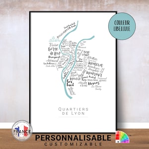 Affiche de Lyon, Carte des quartiers de Lyon personnalisable, Cadeau déco personnalisé, Affiche déco originale de Lyon, Idée cadeau