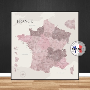 Pink watercolor Map of France, Map of regions of France, Detailed decorative poster, Original gift idea