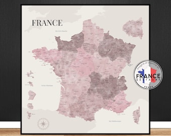 Carte de France aux tonalités aquarelle roses, Carte des départements de France, Affiche décorative détaillée, Idée cadeau originale