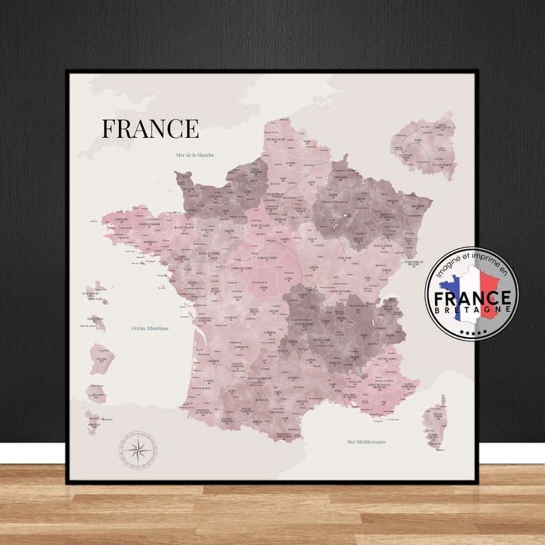 Carte de France aux tonalités aquarelle roses, Carte des départements de France, Affiche décorative détaillée, Idée cadeau originale image 1