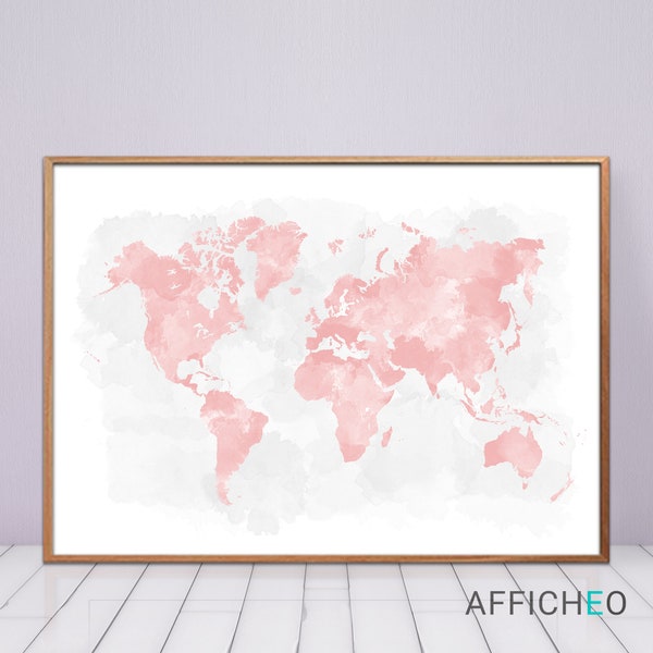 Carte du monde rose minimaliste Wanderlust, Affiche murale pour la chambre de bébé