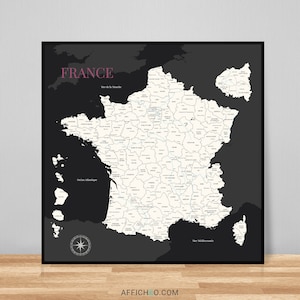 Carte de France, Carte des départements de France, Affiche décorative détaillée, Idée cadeau originale