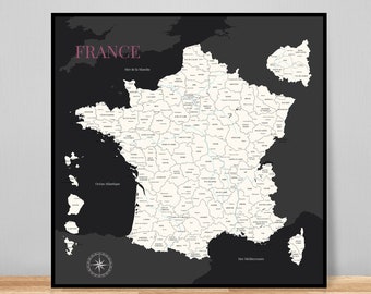 Carte de France, Carte des départements de France, Affiche décorative détaillée, Idée cadeau originale