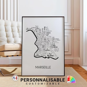 Carte de Marseille noir et blanc, Affiche de Marseille personnalisable, Noms des quartiers de Marseille, Cadeau déco personnalisé