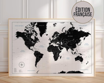 Black and white world map print – highly contrasted and detailed wall art with countries, capitals and rivers for modern and graphic décor
