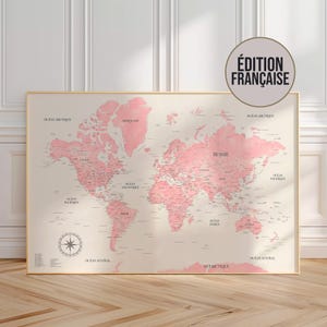 Pink world map for girls’ room – detailed pink-toned wall art with countries, capitals and cities – girly and educational decoration