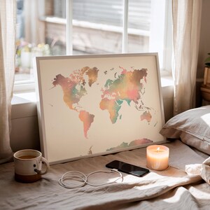 Carte du monde vierge aux couleurs pastels, Mappemonde minimaliste, Décoration murale pour le bureau, Affiche déco style scandinave