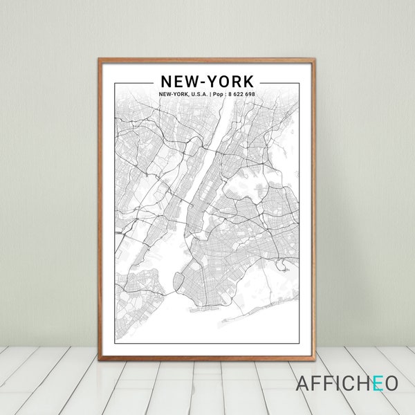 Affiche de New York en noir et blanc, Poster minimaliste et graphique des rues de la ville de New York