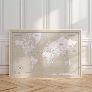 Beige and white world map – soft minimalist wall art – calming décor ideal for a master bedroom