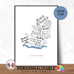Affiche de Lausanne, Carte des quartiers de Lausanne personnalisable, Poster Lausanne original et moderne, Cadeau déco personnalisé