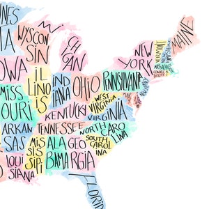 Carte des Etats-Unis couleurs pastel avec les noms des états calligraphiés image 2