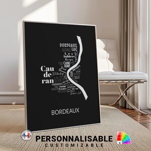 Affiche de Bordeaux noir et blanc, 12 couleurs au choix, Carte des quartiers de Bordeaux, Affiche originale de Bordeaux, Noms des quartiers