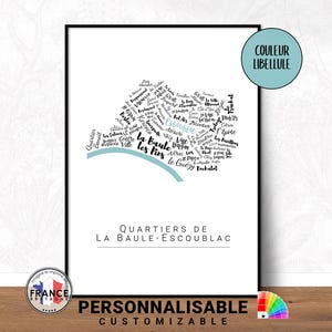 Affiche de la Baule-Escoublac, Carte des quartiers de la Baule-Escoublac à personnaliser, Décoration murale originale