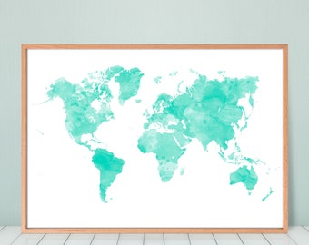 Mint Green World Map, Decorative Wall Map