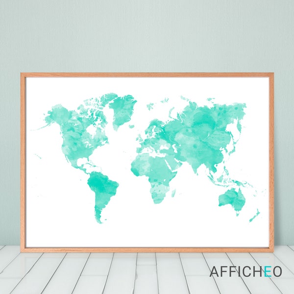 Carte du monde couleur vert menthe, Mappemonde murale décorative