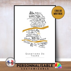 Affiche de Tours, Carte des quartiers de Tours à personnaliser, Noms des quartiers de Tours, Poster original, Cadeau déco personnalisé