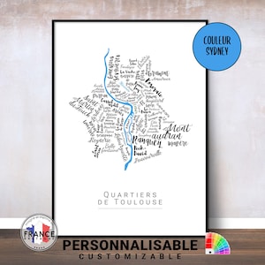 Affiche de Toulouse personnalisable, Carte des quartiers de Toulouse, Idée cadeau déco personnalisé, Impression originale de Toulouse