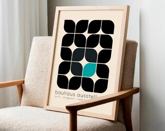Bauhaus abstract flower poster in black and blue – modern minimalist geometric art print