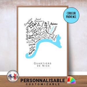 Carte des quartiers de Nice – Affiche personnalisée couleur – Poster design moderne – Idée cadeau niçois – Souvenir Côte d’Azur