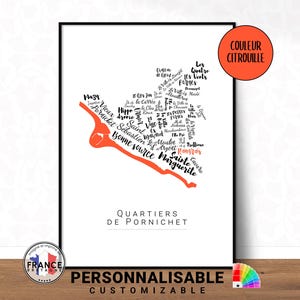 Affiche de Pornichet, Carte des quartiers de Pornichet à personnaliser, Poster de Pornichet personnalisable, Cadeau déco personnalisé