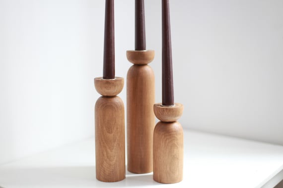 Set of 3 Wood Candlestick Holders: Scandinavian Table Decor