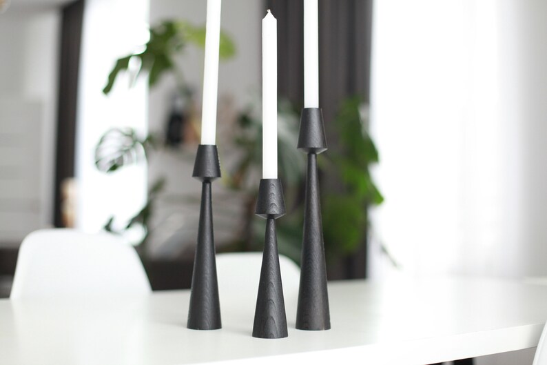 wooden set of 3 candlesticks scandinavian style primitive candle holder home decorative japanese decor rustic texture Handmade holder gift image 3