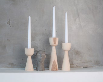 wooden set of 3 candlesticks scandinavian style primitive candle holder home decorative  japanese decor rustic texture Handmade holder gift