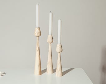 Wooden Candlestick Set of 3: Rustic Beech Wood Candle Holders
