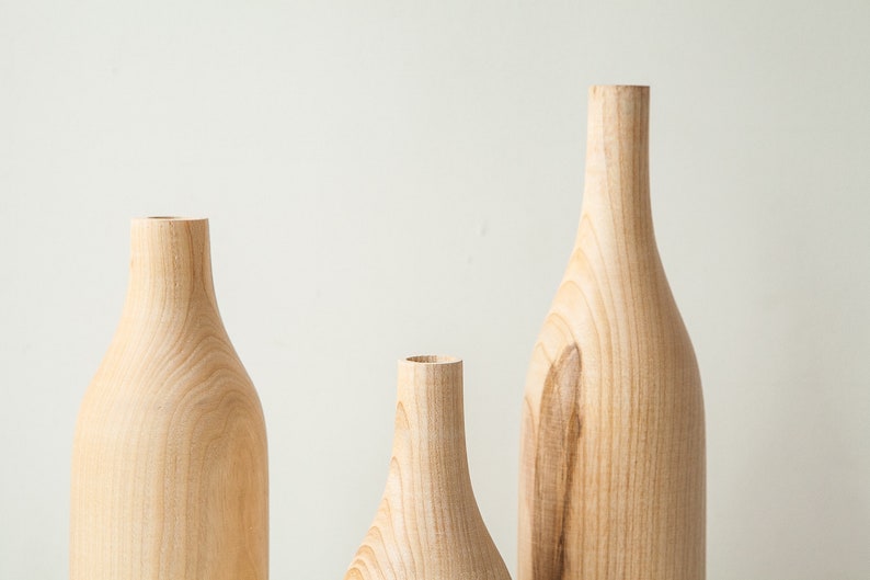 large set of 3 unique vase wooden home decor wood vase handmade vase birthday, gift for her, anniversary gift, wedding gift carved vase gif image 3