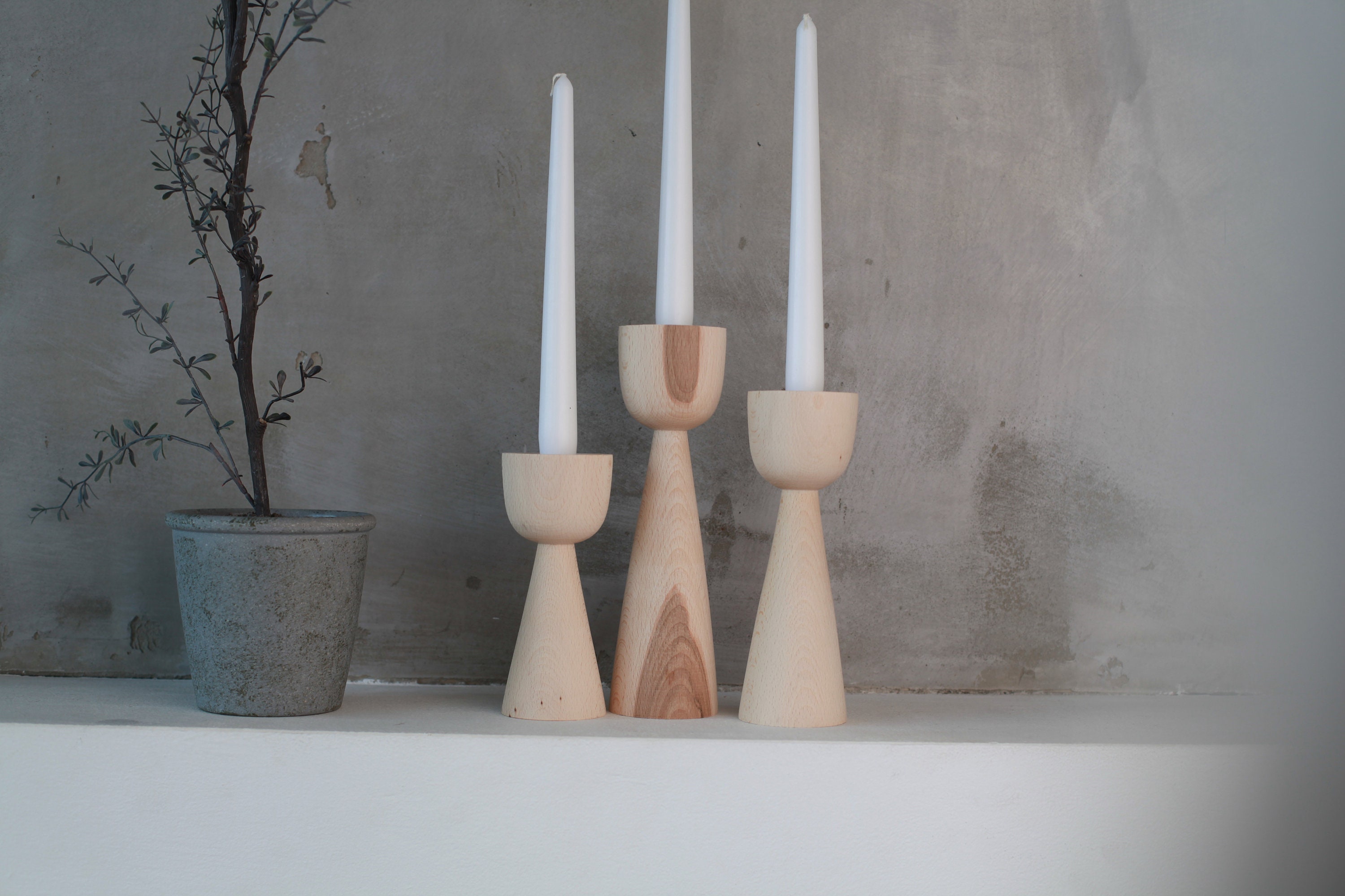 Wooden Set of 3 Candlesticks Scandinavian Style Primitive Etsy UK