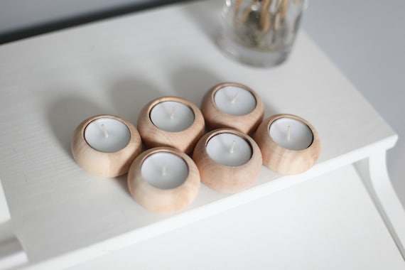 Set of 6 Ash Wood Candlestick Holders: Rustic Scandinavian Decor