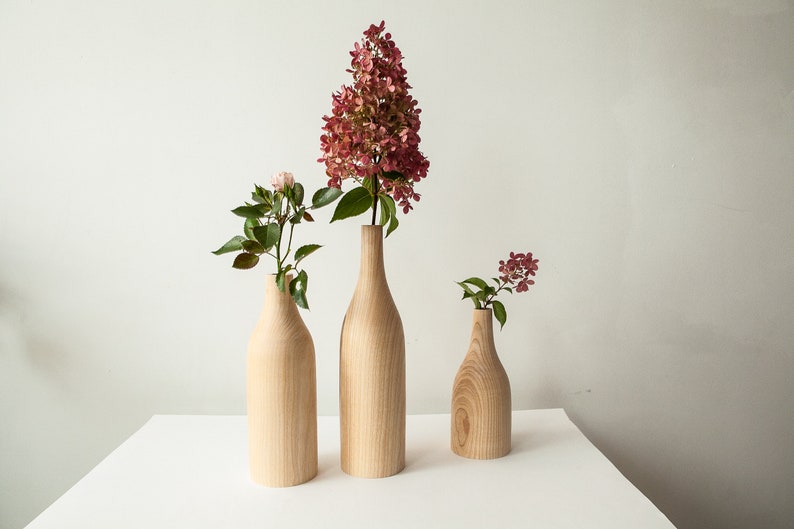 grand ensemble de 3 vases uniques en bois décoration intérieure en bois vase fait à la main vase anniversaire, cadeau pour elle, cadeau danniversaire, cadeau de mariage vase sculpté gif 7.5, 9, 12 pouces