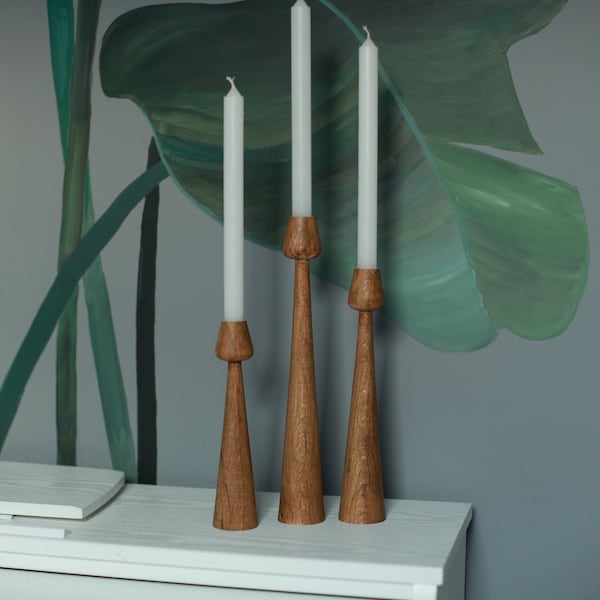 wooden set of 3 candlesticks scandinavian style primitive candle holder home decorative  japanese decor rustic texture Handmade holder gift